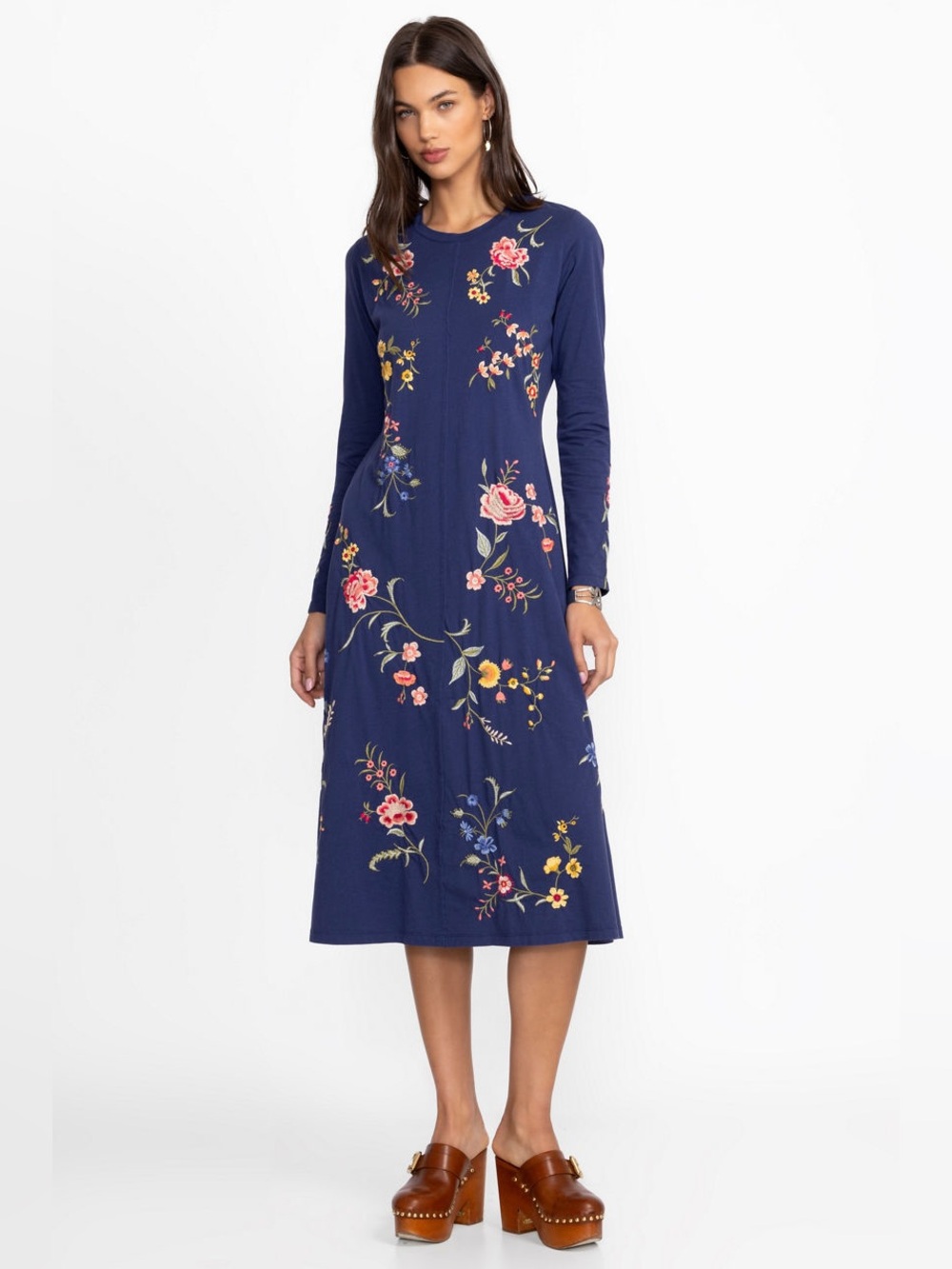 Johnny WAS Raw Seam Crew Neck Navy Floral Embroidered Long Sleeve Dress
